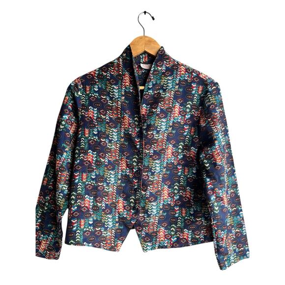 Vintage 90's Geometric Print Button Up Blouse LARGE Lauren Lee Asymmetrical hem - Picture 1 of 5